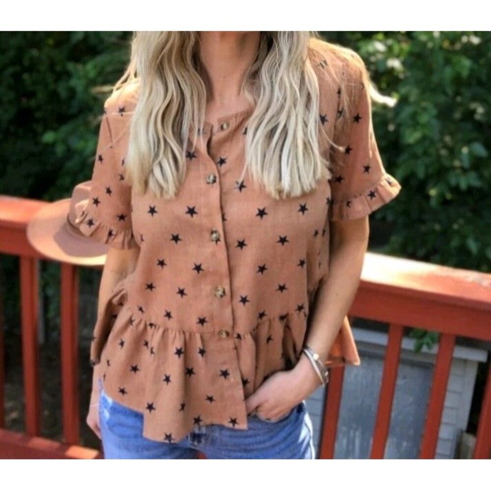 Hem & Thread Star Boutique Peplum Short Sleeve Shirt Blouse Top Brown Large